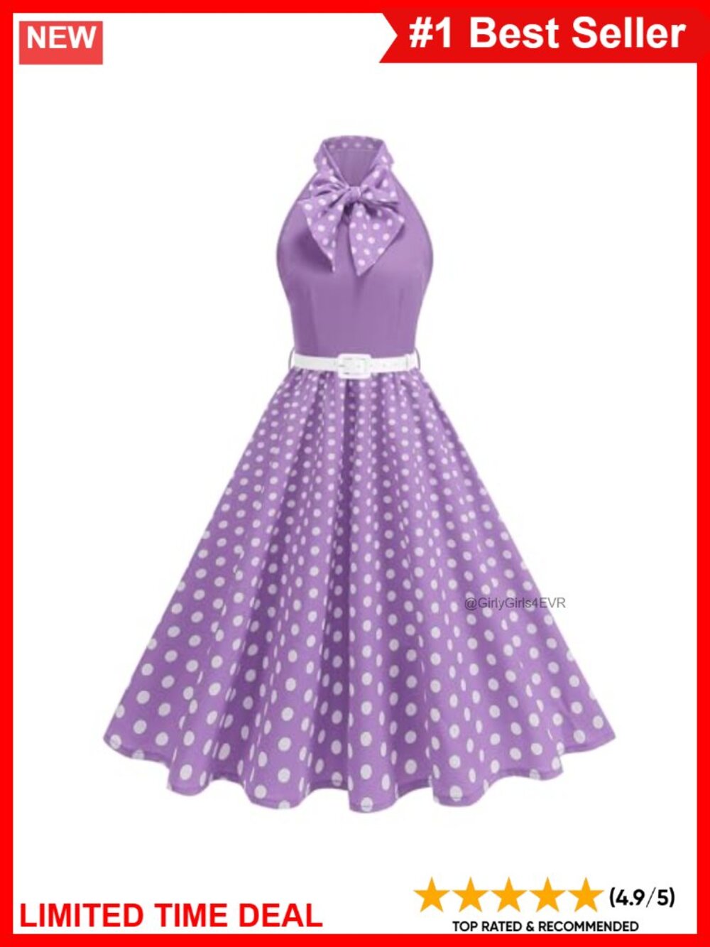 Retro 1950s Sleeveless Tie Neck Polka Dot Swing Dress with Belt